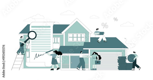 The concept of a mortgage loan. Buying a house in installments. Using a mortgage as collateral. People buying a home.eps