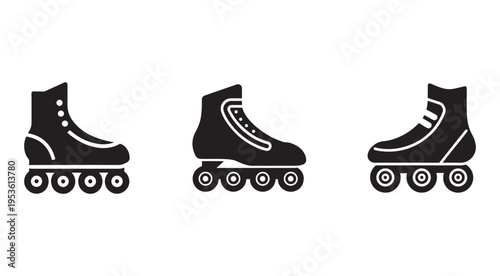 Blackinlineskatesiconssetskatingbootswithfourwheelsonbottomforrollerskatingandtrickperformanceisolatedonwhitebackground