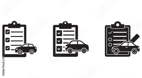 Car inspection checklists with clipboard and vehicle icons for maintenance and repair services  vehicle inspection checklist icons