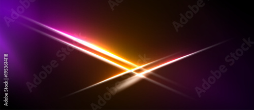 Abstract light streaks intersect. Vivid purple, orange hues dominate dark background. Brightness creates dynamic visual effect.