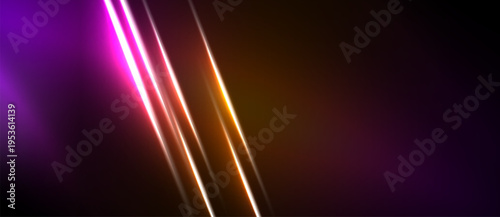 Abstract background features vibrant diagonal lines. Colors transition from purple, pink, orange to black. Modern design, dynamic lighting effect.