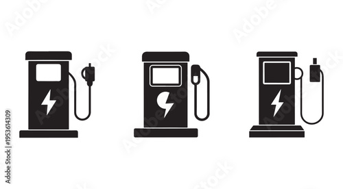 Electric vehicle charging station icons with different types of plugs and lightning bolt symbols on white background