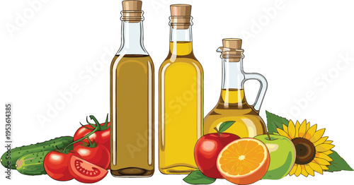 Healthy Cooking Ingredients Set with Olive Oil Bottles, Fresh Vegetables, Fruits, and Sunflower