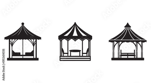 Gazebo silhouettes with different designs and furniture  outdoor structures for relaxation and recreation