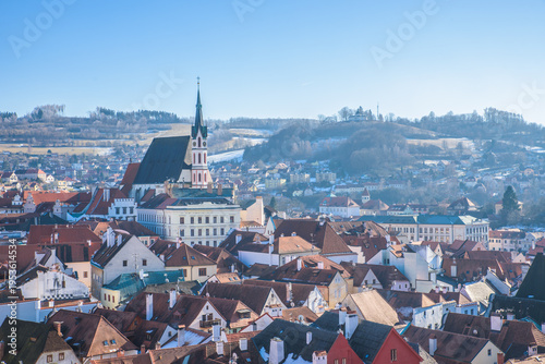 View of historical centre of Cesky Krumlov town on Vltava riverbank on autumn day overlooking medieval Castle, Czech Republic. View of old town of Cesky Krumlov, South Bohemia, Czech Republic.