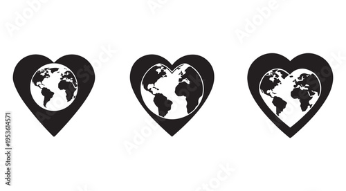 Heart shaped icons with earth globe inside  symbol for love and care for the planet  eco friendly concept  heart and world map