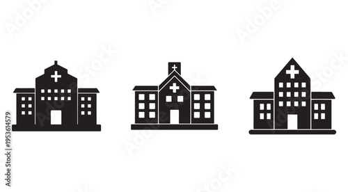 Hospital building icons with cross on roof  medical care symbols  healthcare architecture silhouettes