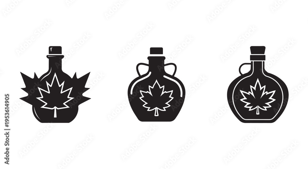 Obraz premium Maple syrup bottles with leaf design on white background