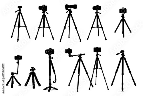 Various camera tripods and cameras in silhouette on white background.