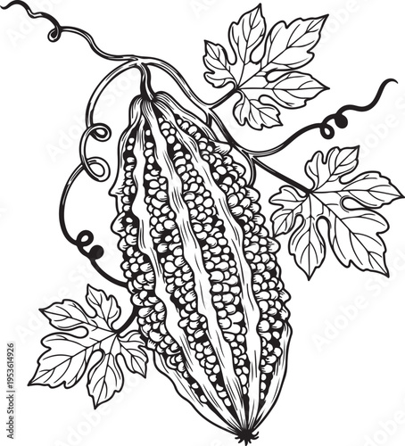 A black and white drawing of a bitter melon plant with leaves and fruit