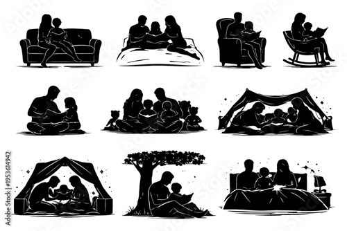 Family reading time: parents and children bonding in various settings.