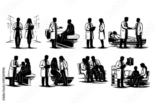 Silhouettes of diverse medical professionals interacting with patients in hospital settings.