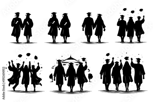 Silhouette of diverse group graduating students celebrating achievement together.