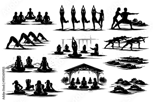 Silhouettes of diverse people practicing yoga and pilates in various poses and group settings.