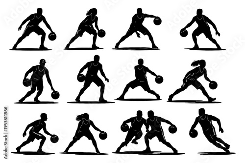 Silhouette designs of diverse basketball players dribbling and playing.