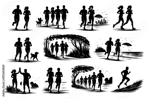 Silhouette runners and dogs in various outdoor scenes at sunset.