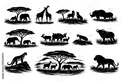 African wildlife silhouettes: lions, elephants, giraffes, and more in natural habitat.