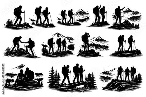 Silhouettes of hikers on mountain adventures with scenic landscapes.