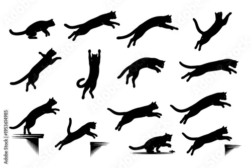 Dynamic silhouettes of leaping cats in various jumping poses.