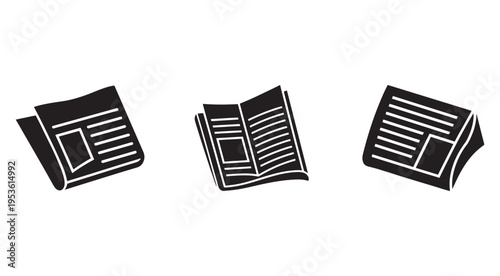 Newspaper icons in different angles and positions  folded and open with lines and rectangles on pages