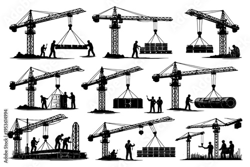 Silhouettes of construction cranes and workers in various industrial scenes.