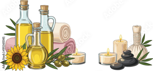 Relaxation and Wellness Set with Olive Oil Bottles, Candles, Rolled Towels, and Sunflower
