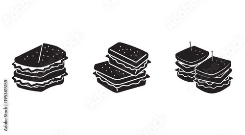 Set of black and white illustrations of different sandwich types  classic cut and stacked  isolated on white background