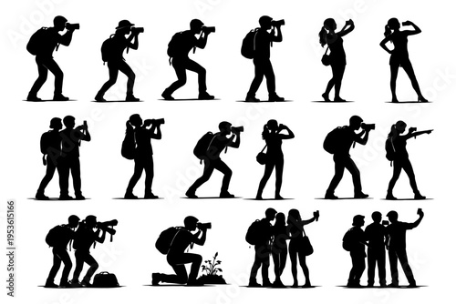 Silhouette photographers capturing moments in various poses with cameras.