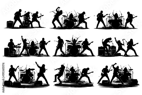 Silhouette rock band performers: energetic musicians with instruments and drums.