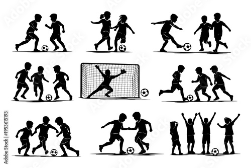 Silhouette of children playing soccer in various actions with friends.