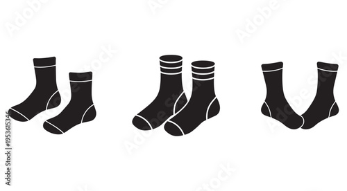 Set of black sock icons in different styles and lengths on white background  various sock designs