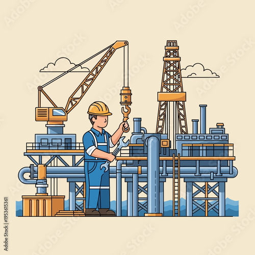 Offshore oil rig worker conducting inspection and maintenance with tools on industrial platform