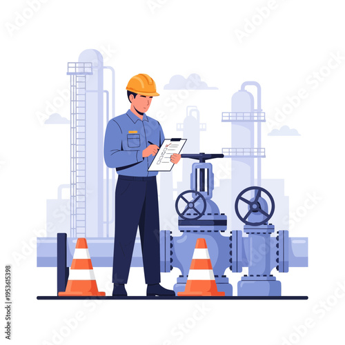 Industrial safety inspector checking equipment and checklist in a facility with pipelines and valves