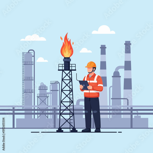 Petroleum worker monitoring a flare stack at an industrial refinery facility