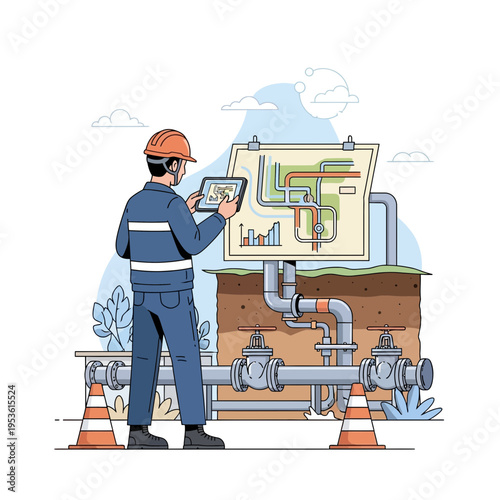 Petroleum worker uses tablet to inspect underground pipeline schematics and data