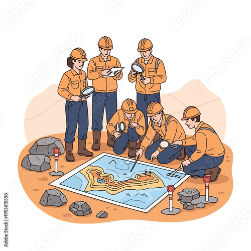 Petroleum Exploration Team Collaborating Around a Detailed Map on a Rocky Terrain