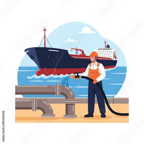 Oil tanker crew member transferring fluid via hose at a busy port with a large vessel in the background