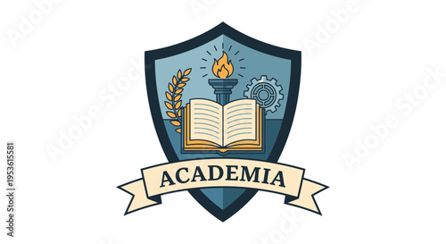 Academia crest with book and torch.