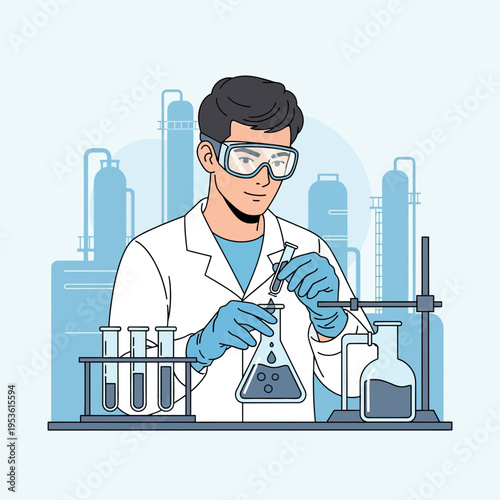 Scientist in a laboratory conducting a chemical experiment with laboratory equipment and industrial background