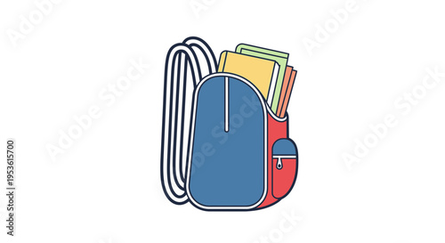 Colorful backpack with books inside.