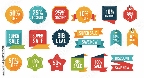 Colorful sale discount labels and badges.