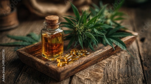 wooden tray with cbd oil capsules and glass bottle surrounded by cannabis leaves on rustic wooden table, wellness and natural remedy concept