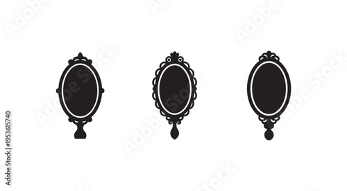 Set of three antique ornate oval mirror frames with intricate designs and white outlines on a white background