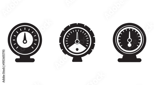 Set of three black and white dials with needles on white background  gauges and meters for measurement and control