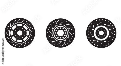 Set of three black brake discs with different designs and ventilation holes for cars or bicycles equipment  automotive parts with white patterns