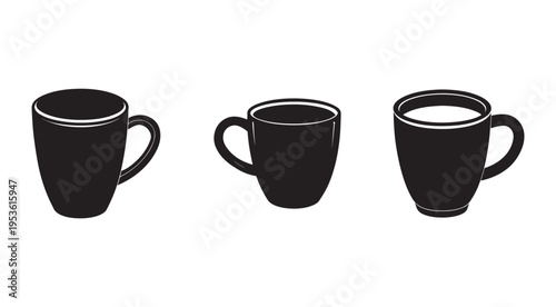 Set of three black coffee mugs in different angles isolated on white background