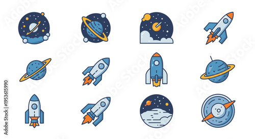 Space rockets and planets icons set.