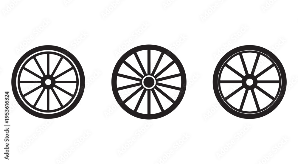 Fototapeta premium Set of three different wagon wheel designs in black and white for graphic design or illustration purposes various wheel styles