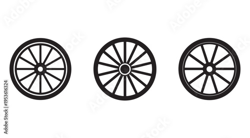 Set of three different wagon wheel designs in black and white for graphic design or illustration purposes  various wheel styles