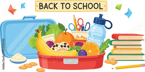 Vector Illustration of a Back-to-School Lunch Box with Fruits, Water Bottle, Cookies, Books, and School Supplies on a Solid White Background